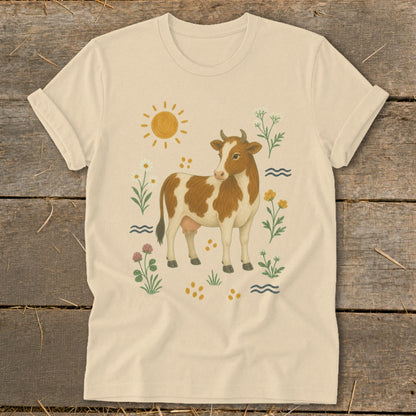 Cream t-shirt with a brown and white cow surrounded by flowers, sun, and waves.
