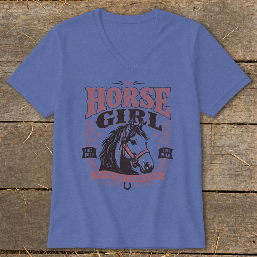 Blue v-neck t-shirt with "HORSE GIRL" graphic and a horse head illustration.
