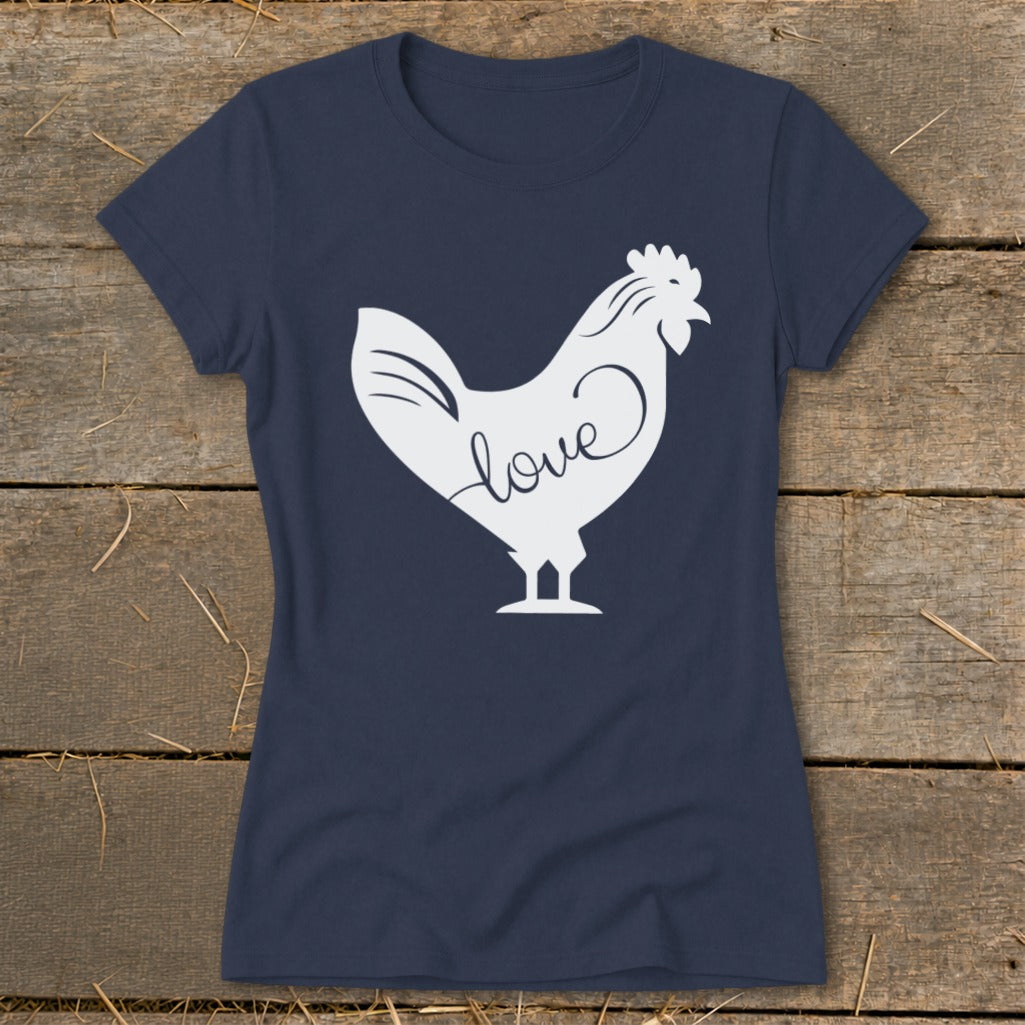 Navy t-shirt with a white rooster silhouette featuring the word "love" on its body.