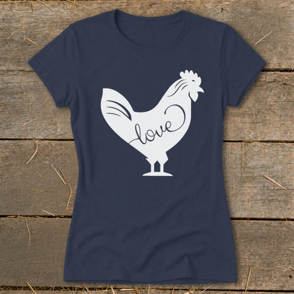 Navy t-shirt with a white rooster silhouette featuring the word "love" on its body.