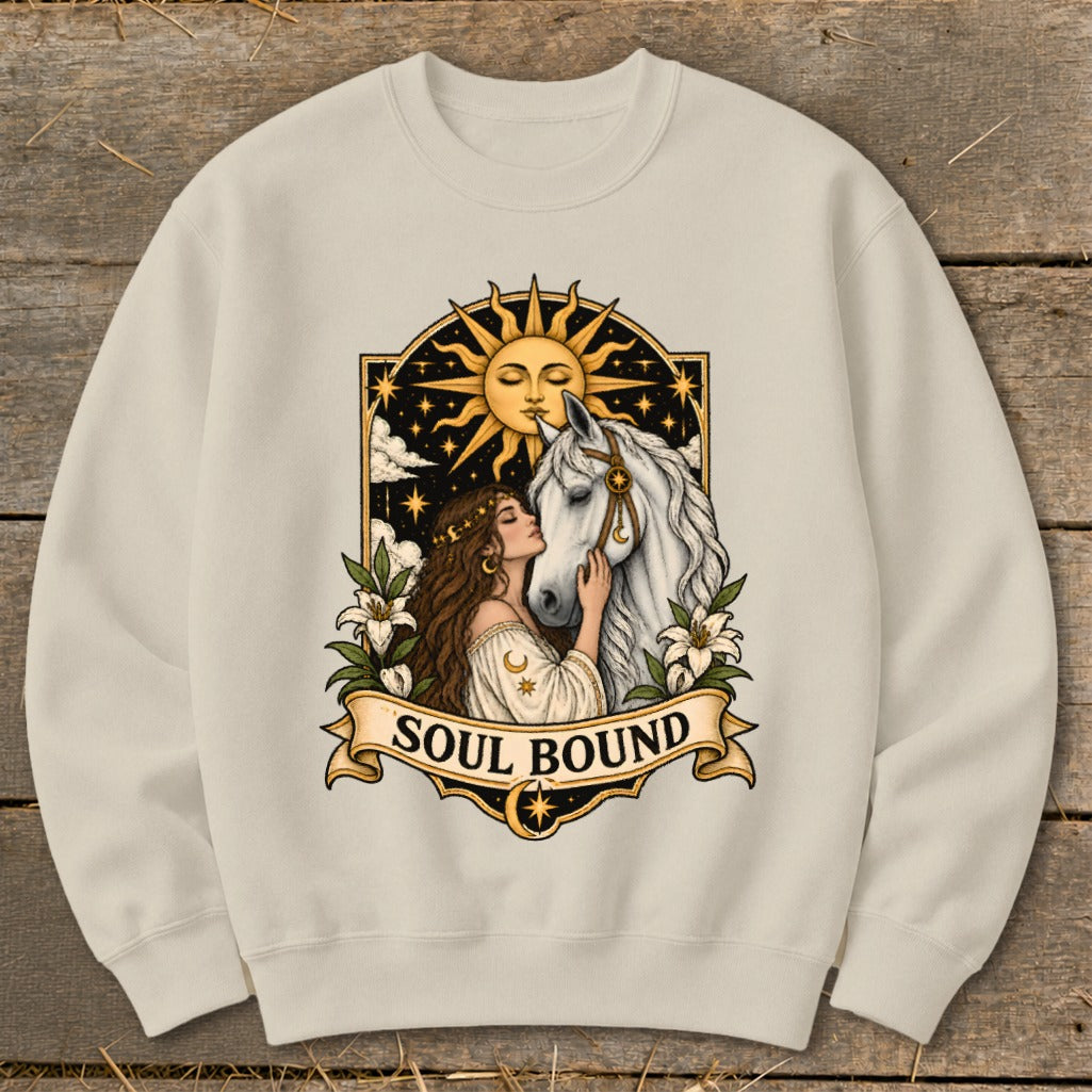 Woman and horse with sun and stars, "Soul Bound" text on banner.
