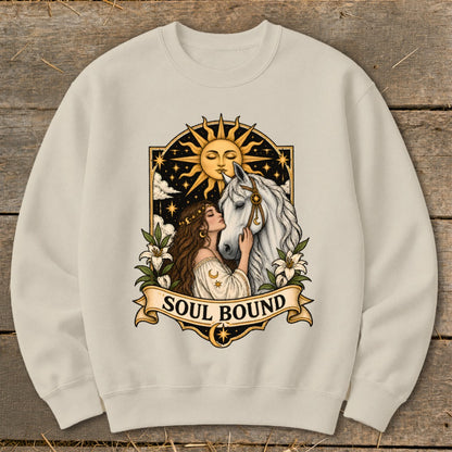 Woman and horse with sun and stars, "Soul Bound" text on banner.