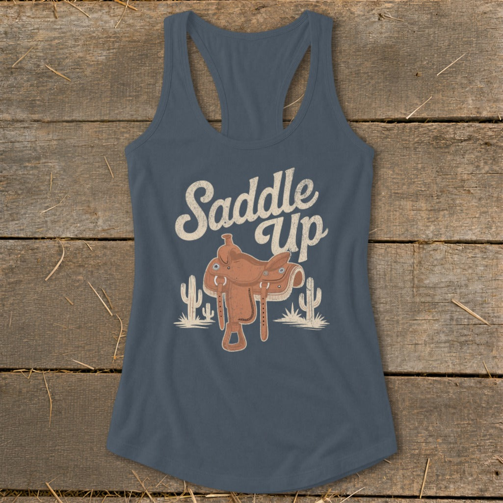 Blue tank top with "Saddle Up" text, saddle graphic, and cacti.