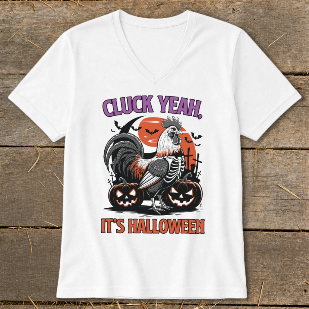 Rooster skeleton graphic with "CLUCK YEAH, IT'S HALLOWEEN" text on white t-shirt.