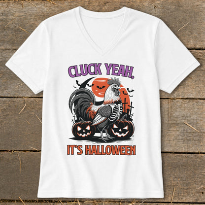 Rooster skeleton graphic with "CLUCK YEAH, IT'S HALLOWEEN" text on white t-shirt.