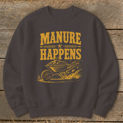 Dark gray sweatshirt with yellow text and graphic of a wheelbarrow full of manure.