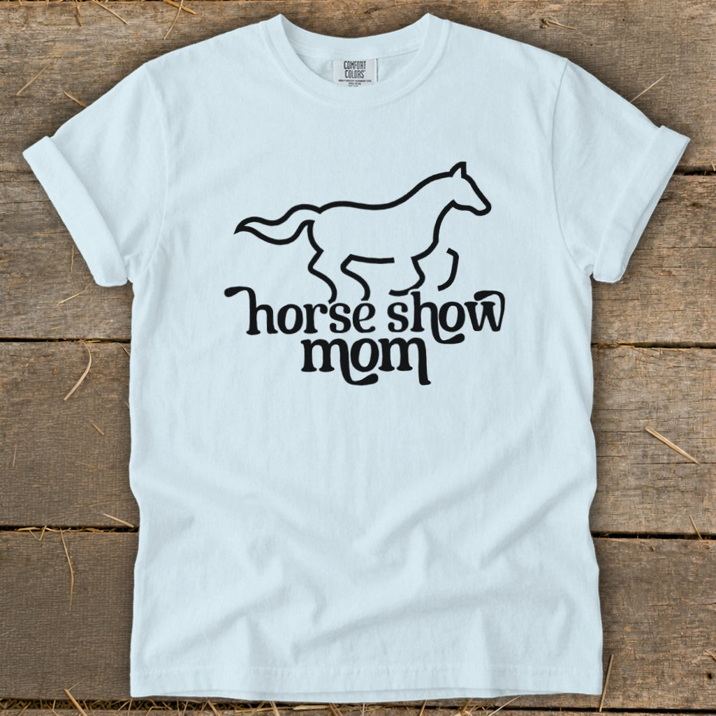 White t-shirt with black graphic of a horse and "horse show mom" text.