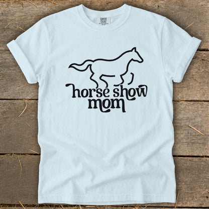 White t-shirt with black graphic of a horse and "horse show mom" text.