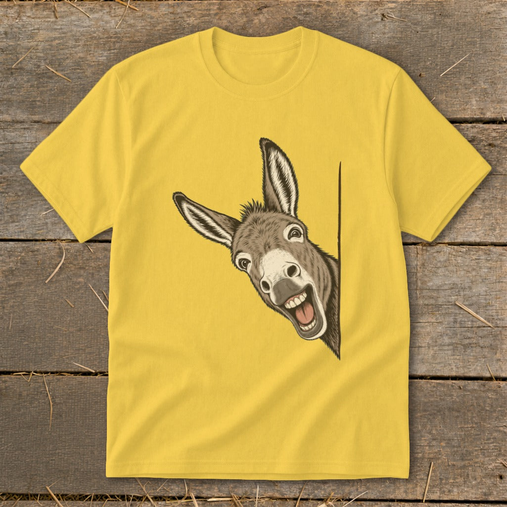 Yellow t-shirt with a smiling donkey peeking from the side.
