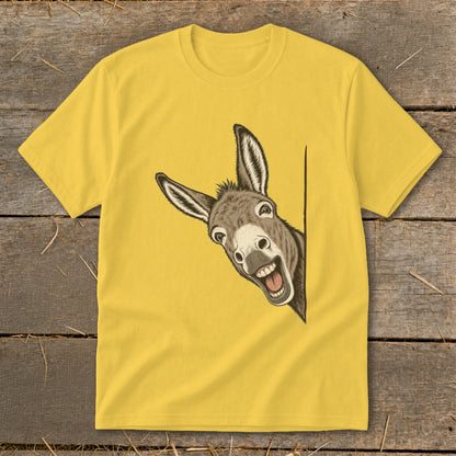 Yellow t-shirt with a smiling donkey peeking from the side.
