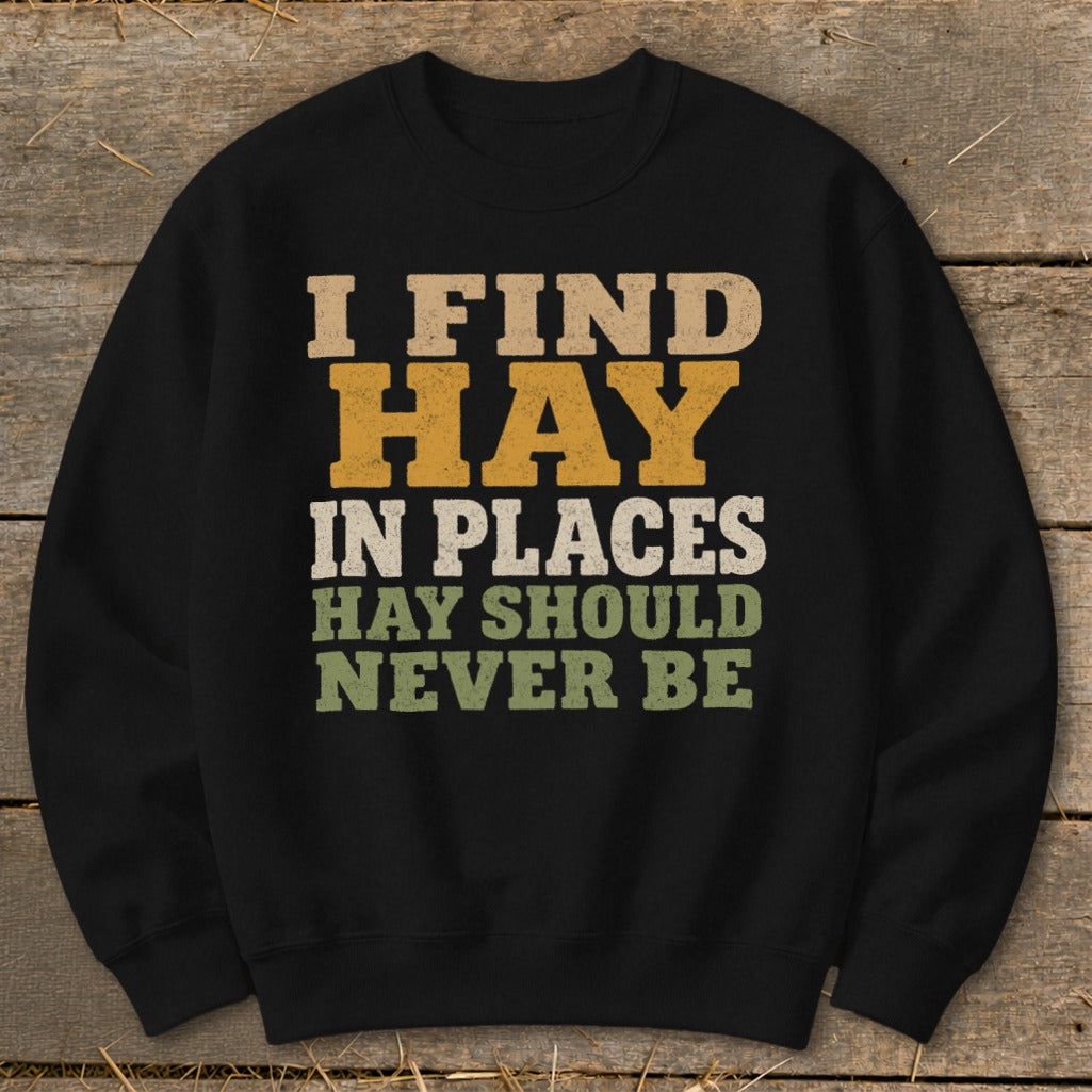 Black sweatshirt with text "I FIND HAY IN PLACES HAY SHOULD NEVER BE".