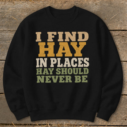 Black sweatshirt with text "I FIND HAY IN PLACES HAY SHOULD NEVER BE".