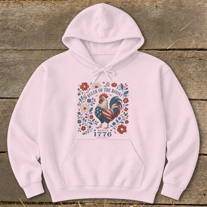 Pink hoodie with a patriotic rooster design and "Ruler of the Roost Since 1776" text.