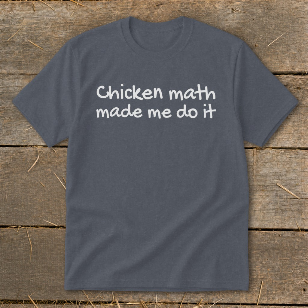 Dark grey t-shirt with white text reading "Chicken math made me do it".