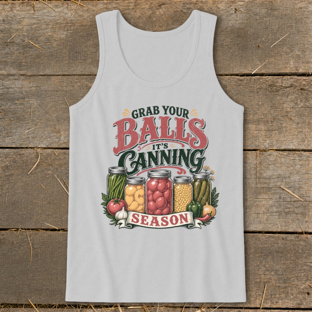Tank top with "Grab Your Balls It's Canning Season" text and jars of produce.
