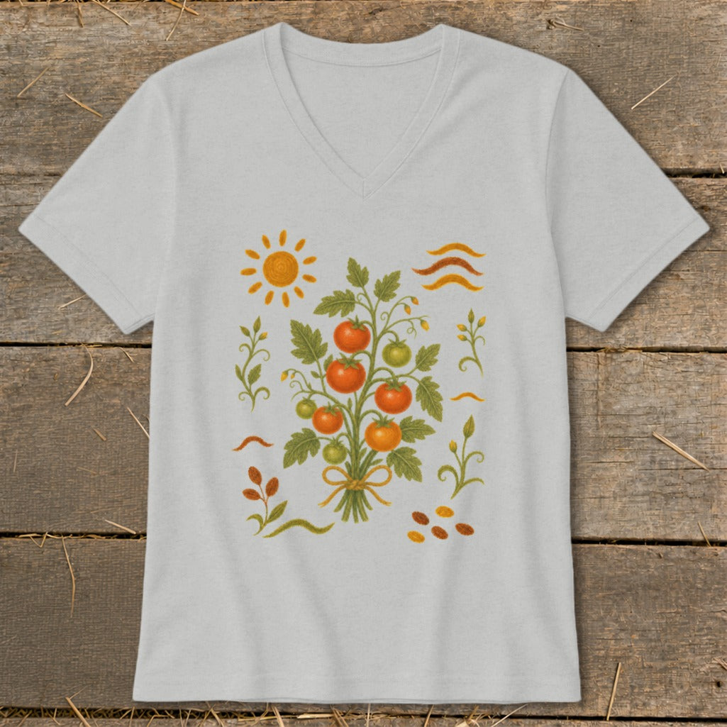 V-neck t-shirt with a tomato plant illustration and sun motif.