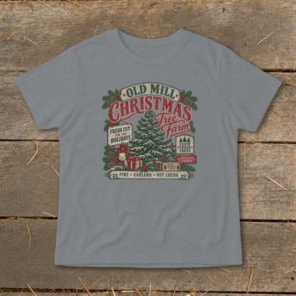 Old Mill Christmas Tree Farm graphic with pine, garland, and hot cocoa text.