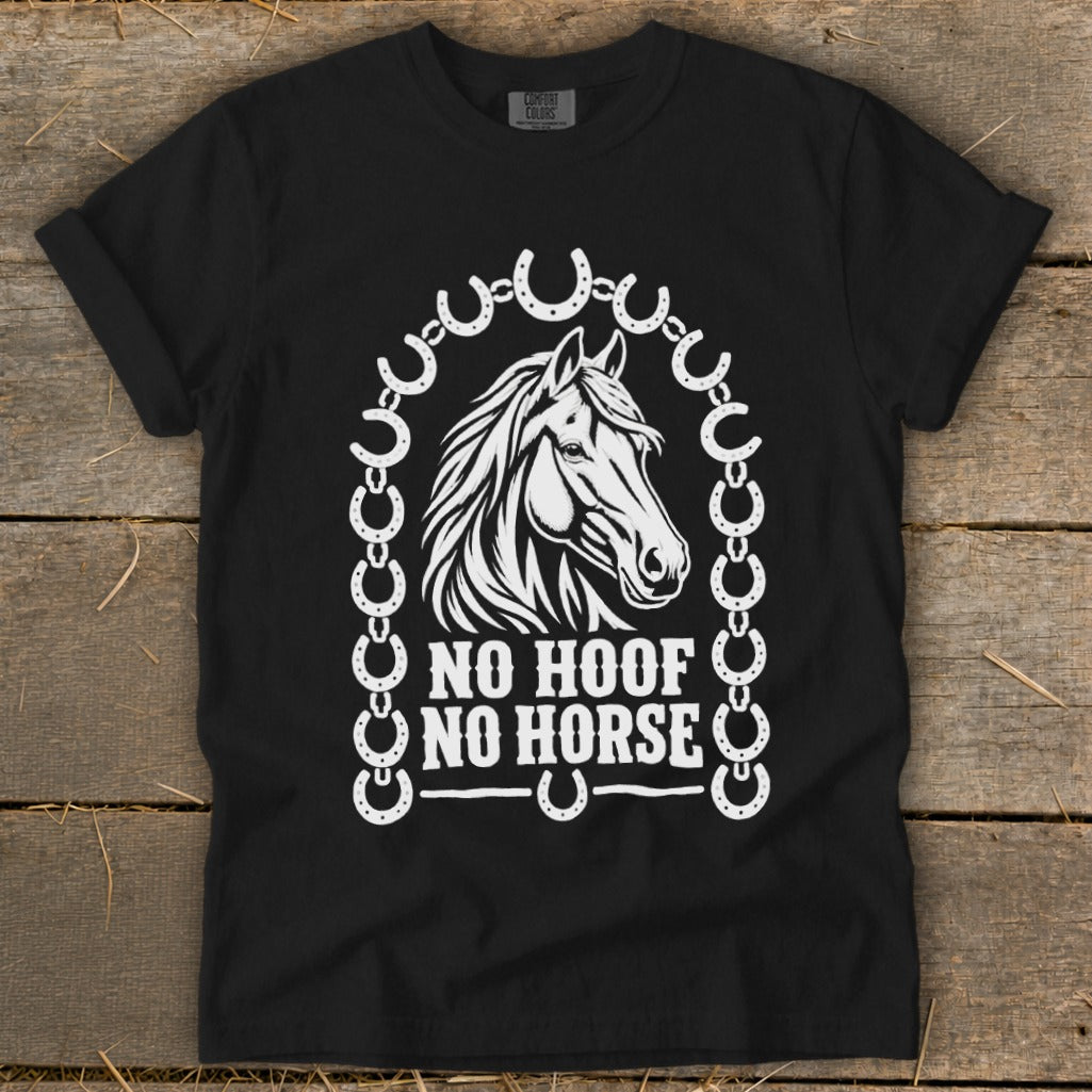 Black t-shirt with horse head design and text "NO HOOF NO HORSE".