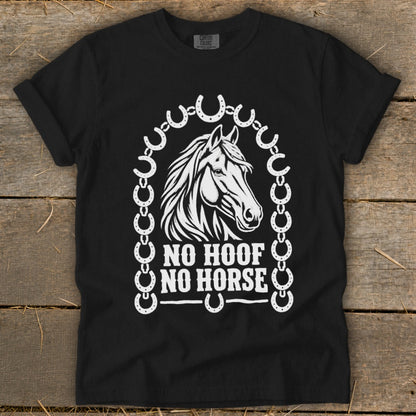 Black t-shirt with horse head design and text "NO HOOF NO HORSE".