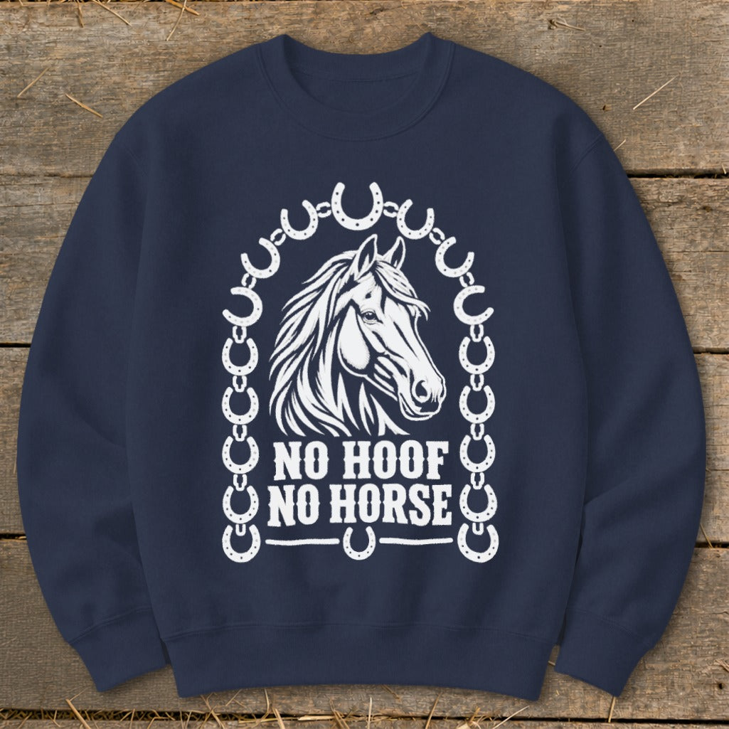 Navy sweatshirt with white horse graphic and text "NO HOOF NO HORSE".