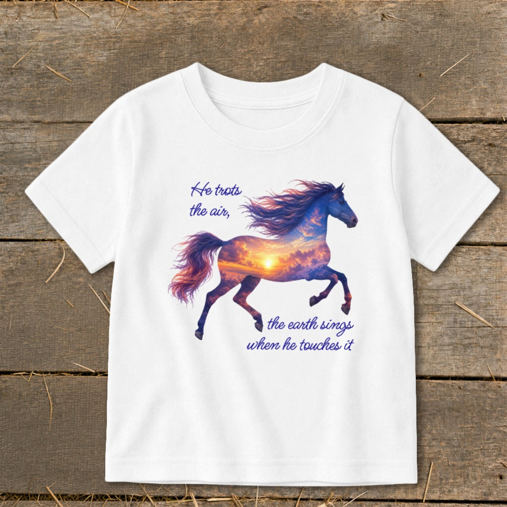 A white t-shirt featuring a graphic of a running horse with a sunset sky silhouette and cursive text.