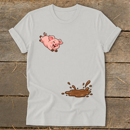 White t-shirt with cartoon pig jumping into a mud puddle graphic.
