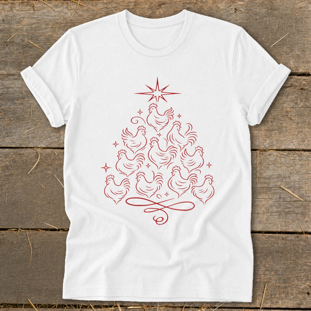 White t-shirt with a red line drawing of chickens forming a Christmas tree.