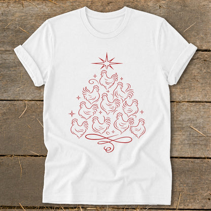 White t-shirt with a red line drawing of chickens forming a Christmas tree.