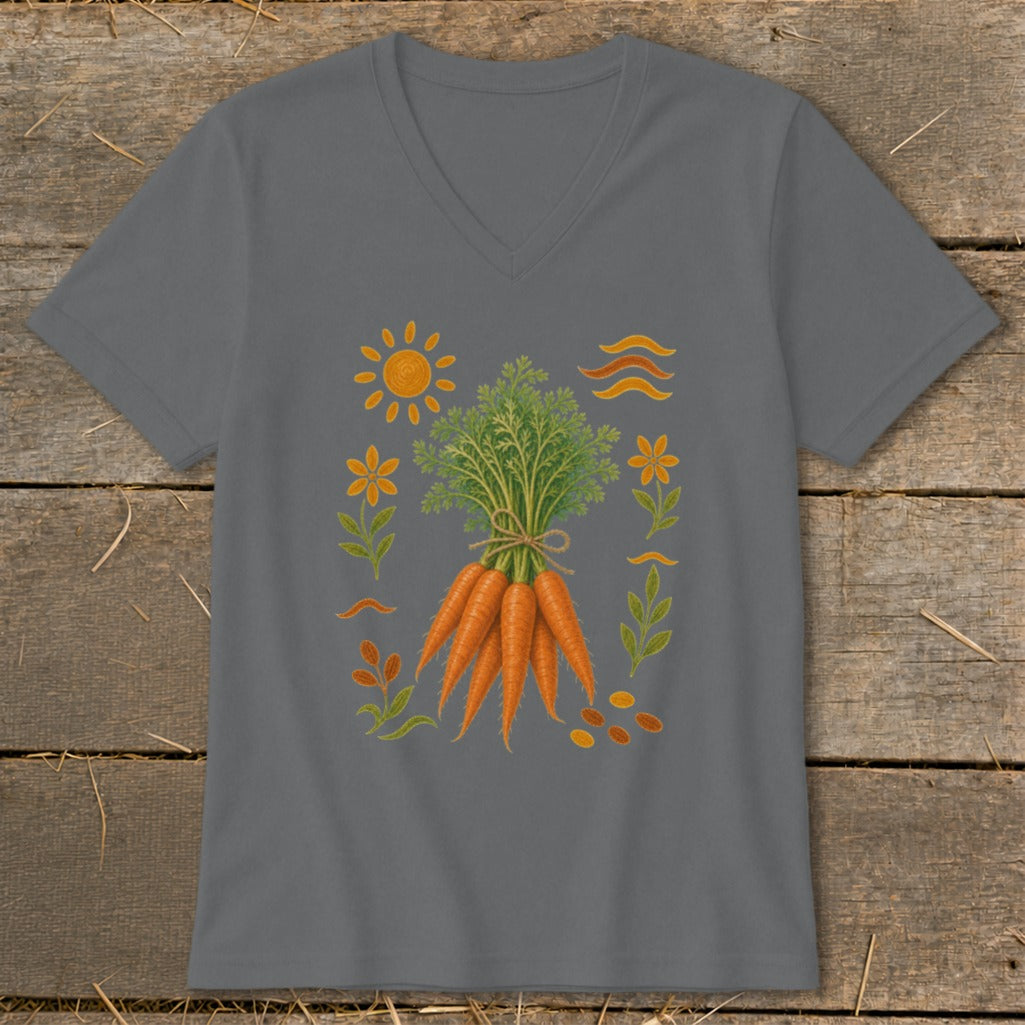 Gray t-shirt with a bunch of carrots surrounded by sun, flowers, and leaves.