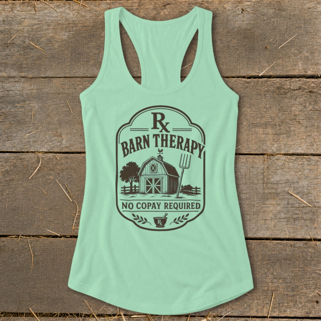 Mint green tank top with "Barn Therapy, No Copay Required" text and barn graphic.