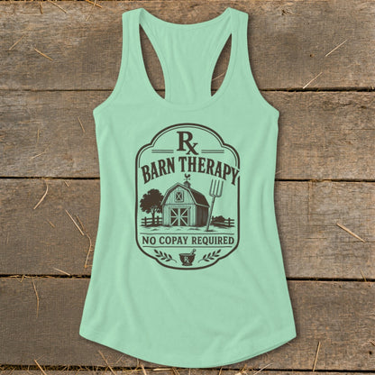 Mint green tank top with "Barn Therapy, No Copay Required" text and barn graphic.