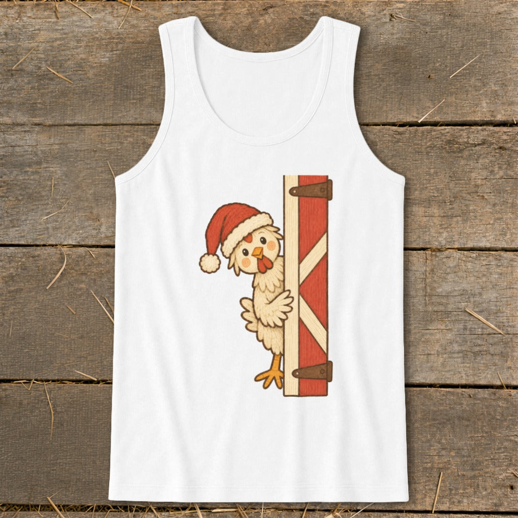 White tank top with a cartoon chicken wearing a Santa hat peeking from behind a red barn door.