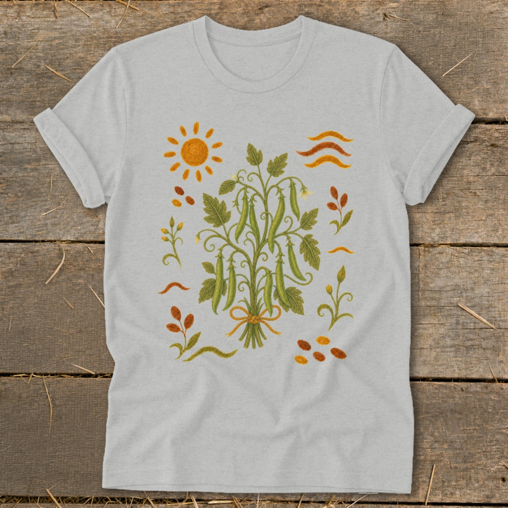 Light grey t-shirt with a central illustration of a pea plant with pods.