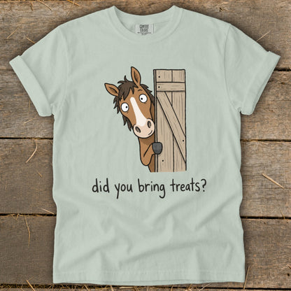 Light green t-shirt with cartoon horse peeking around a wooden gate asking "did you bring treats?".