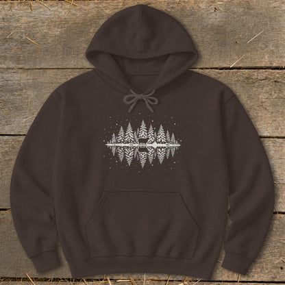 Brown hoodie with a mirrored forest and guitar graphic.