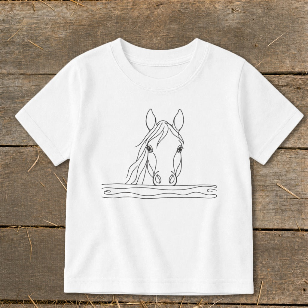 White t-shirt with a simple black line drawing of a horse's head peeking over a wavy line.