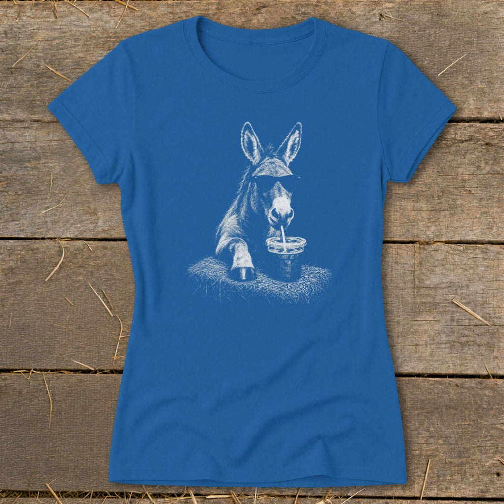 Blue t-shirt with a white graphic of a donkey wearing sunglasses, drinking from a cup.