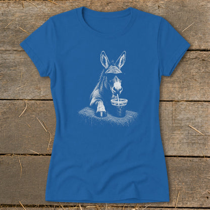 Blue t-shirt with a white graphic of a donkey wearing sunglasses, drinking from a cup.