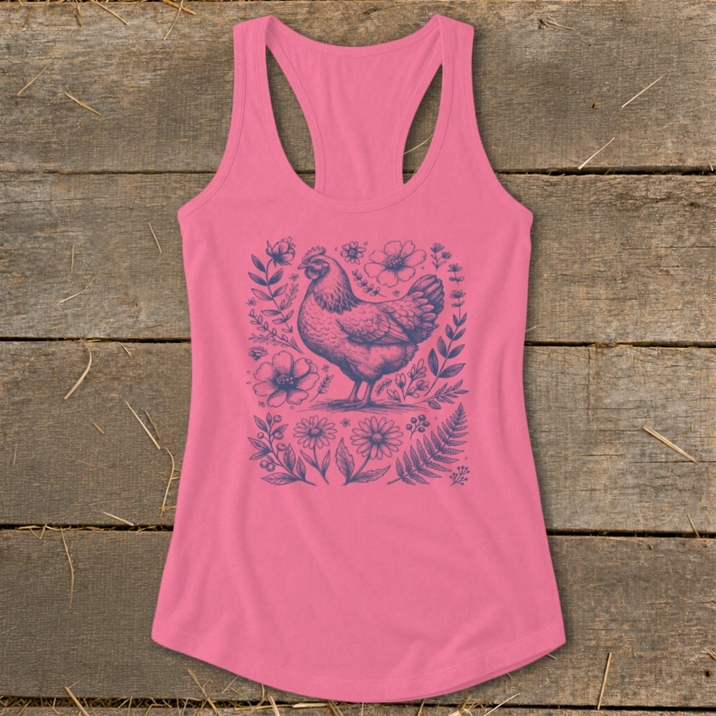 Pink tank top with a navy blue chicken and floral design.