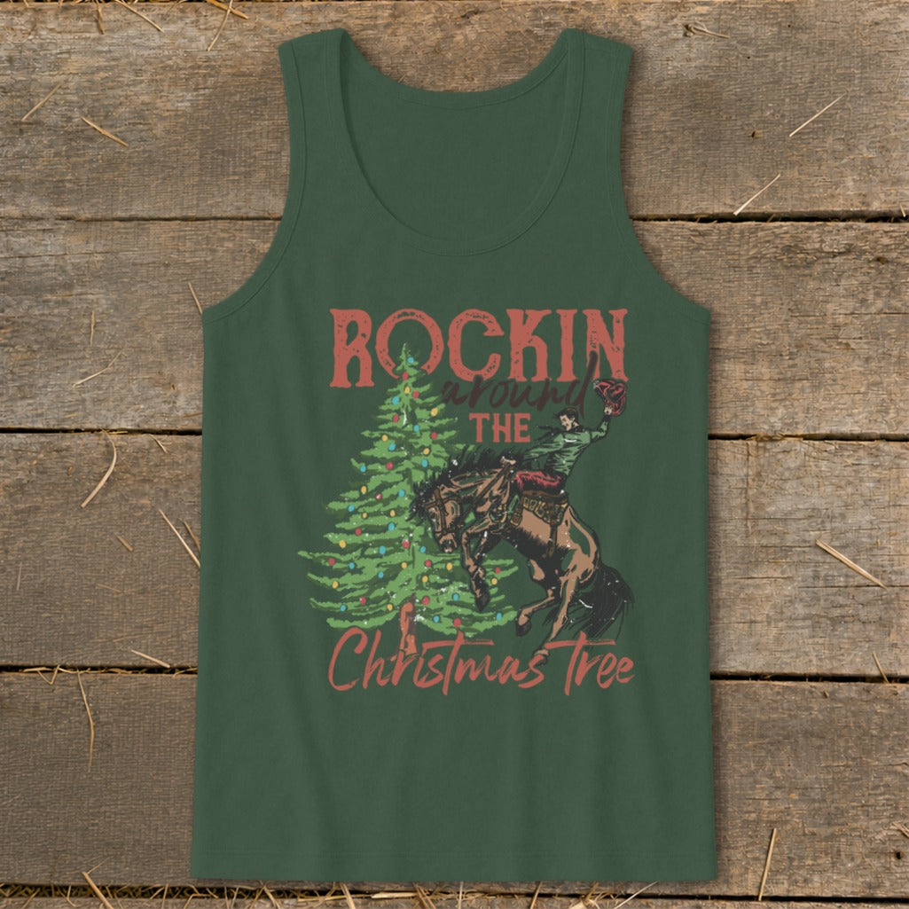 Green tank top with "Rockin around the Christmas tree" text and cowboy on bucking horse.