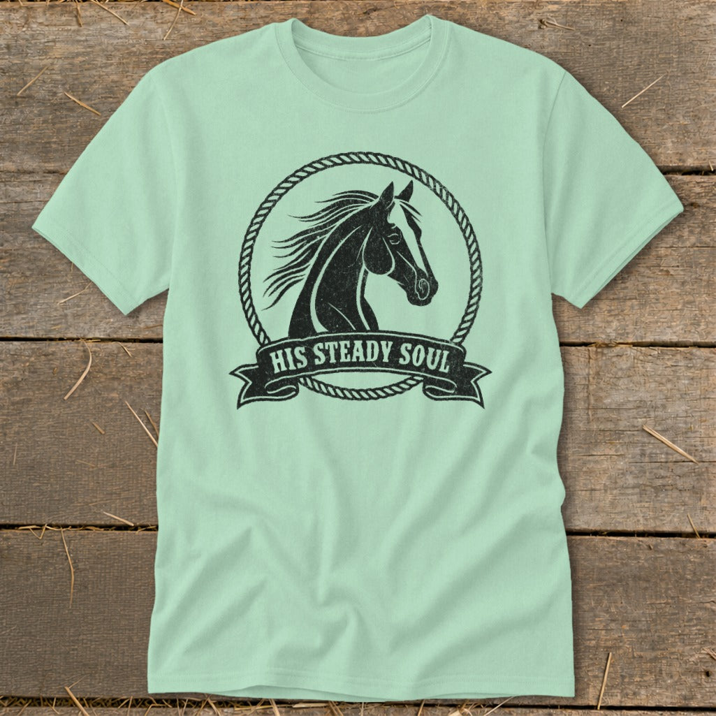 Mint t-shirt with black distressed horse head in rope circle and "HIS STEADY SOUL" banner.