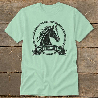 Mint t-shirt with black distressed horse head in rope circle and "HIS STEADY SOUL" banner.