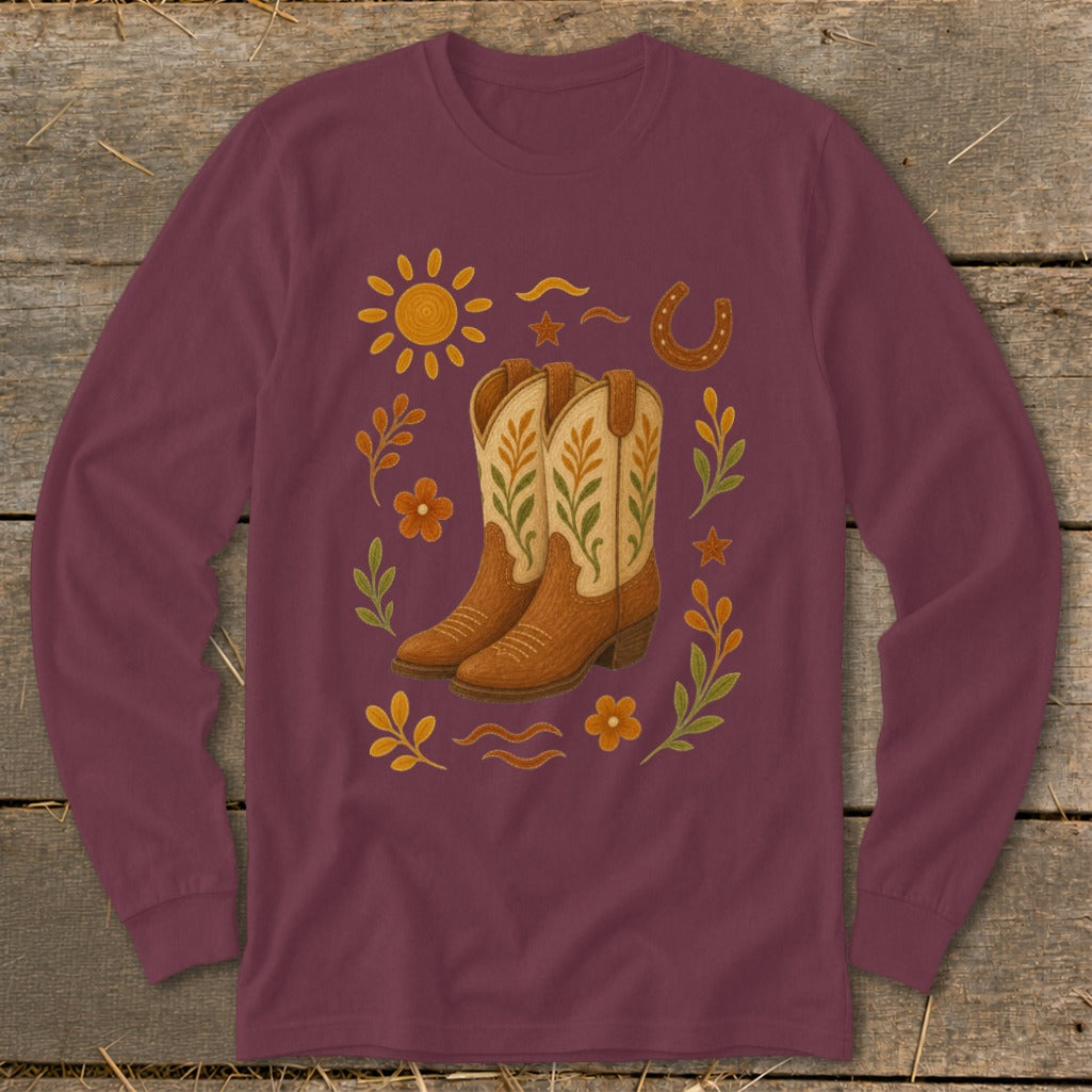 Maroon long-sleeve shirt with embroidered cowboy boots and western motifs.