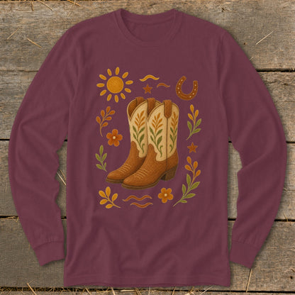 Maroon long-sleeve shirt with embroidered cowboy boots and western motifs.