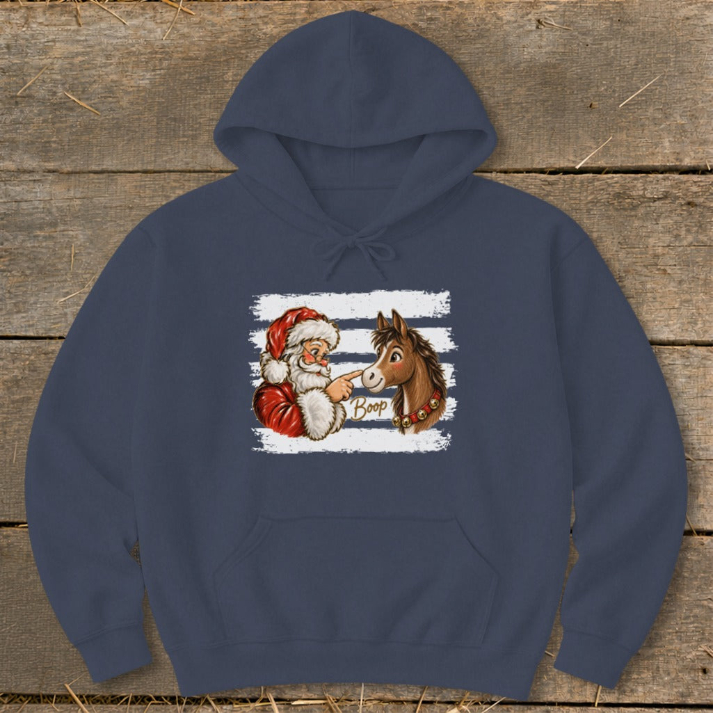 Santa booping a horse with "Boop" text on a navy hoodie.