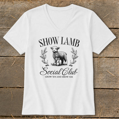 White t-shirt with "SHOW LAMB Social Club" text and a lamb graphic.