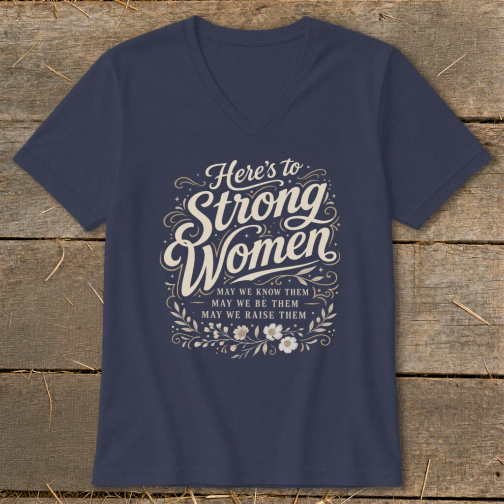 Navy v-neck t-shirt with "Here's to Strong Women" and floral design.