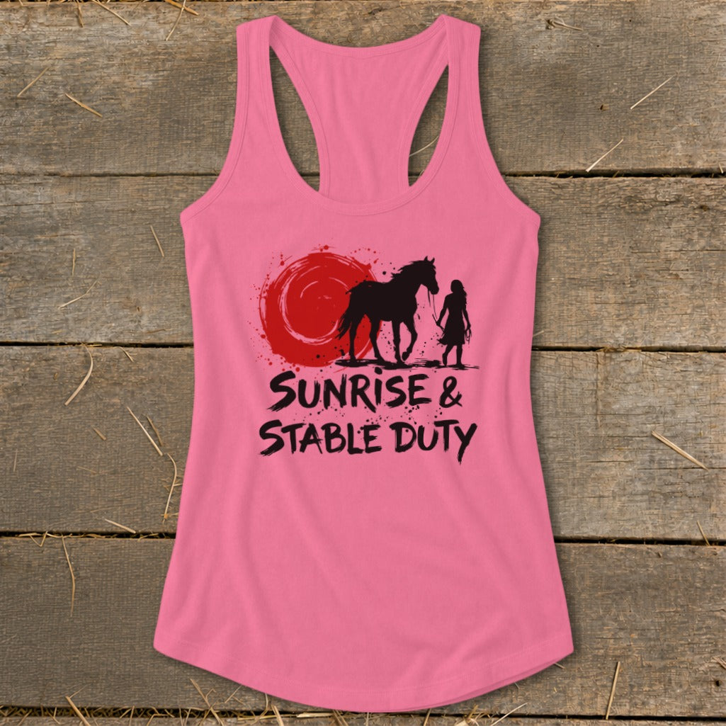 Pink tank top with silhouette of horse and girl, red sun, and text "Sunrise & Stable Duty".