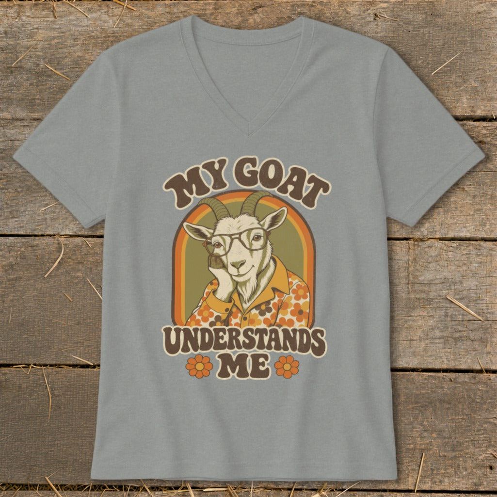 Grey v-neck t-shirt with a retro graphic of a goat wearing glasses and shirt.