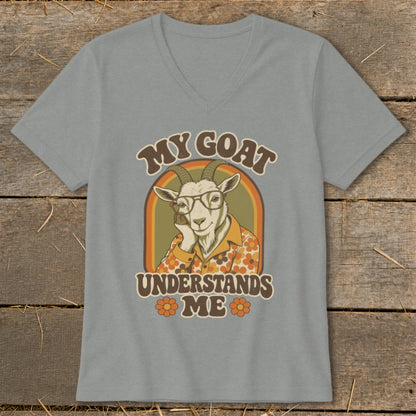 Grey v-neck t-shirt with a retro graphic of a goat wearing glasses and shirt.